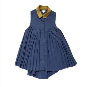 RVCA Navy Blue Pleated Sleeveless Blouse with Mustard Collar